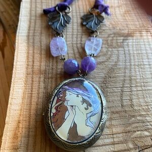 Art Nouveau Style Purple Amethyst and Bronze Leaf Necklace with Artistic Locket